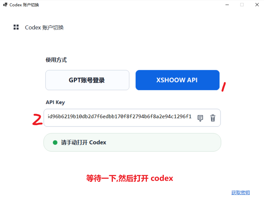 Windows 版 Codex 账户切换工具，选择 XSHOOW API 并粘贴 API Key
